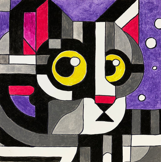 “Moon Watcher” – Original Cubist Cat (20x20 Oil Pastel on Canvas)